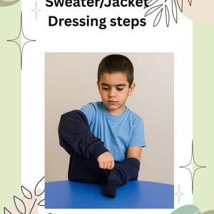 May include: A young person wearing a blue t-shirt putting on a navy blue jacket. The image has text that reads "Sweater/Jacket Dressing steps" in black font. The background has a light green and white design with decorative elements.
