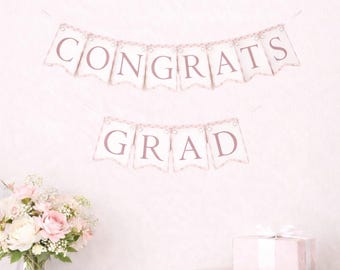 Pink Floral Graduation Party Garland, Cottagecore Chic Banner, Printable and Editable Canva Template