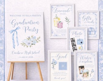 Vintage Blue Floral Graduation Party Printable Sign Bundle, Cottage Core (Digital Download)