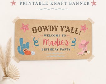 Coastal Cowgirl Kid Birthday Kraft Banner Editable and Printable Canva Template For Child Party