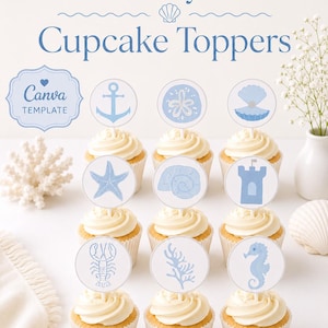 Beach Baby Shower Cupcake Toppers, Coastal Blue Stripe Preppy Nautical Decorations (Digital Download)