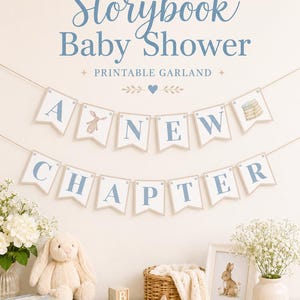 May include: A printable garland featuring white pennants with blue letters spelling A NEW CHAPTER, accented by illustrations of a rabbit and books. The banner is displayed above a beige plush rabbit, wooden alphabet blocks, and a framed rabbit print.