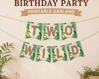 2nd Birthday Jungle Garland, Two Wild Safari Second Celebration Printable and Editable Canva Template Bundle