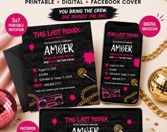 90s Hip Hop Bachelorette Invitation Bundle, The Last Remix, Rap Theme Printable and Editable Canva Template
