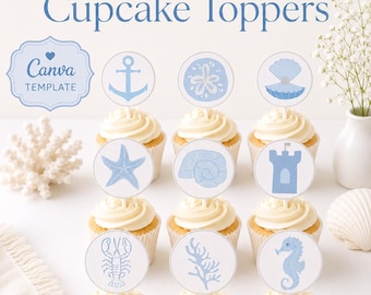 Beach Baby Shower Cupcake Toppers, Coastal Blue Stripe Preppy Nautical Decorations (Digital Download)