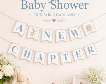 Blue Vintage Storybook "A New Chapter" Baby Shower Printable & Editable Garland