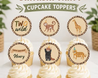 2nd Birthday Jungle Cupcake Decoration, Two Wild Birthday Party Printable Cupcake Topper Template