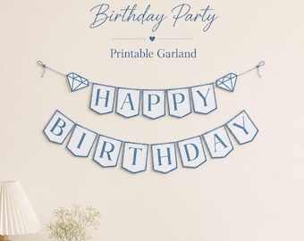 Denim & Diamonds Garland, "Happy Birthday" Party Printable and Editable Sign