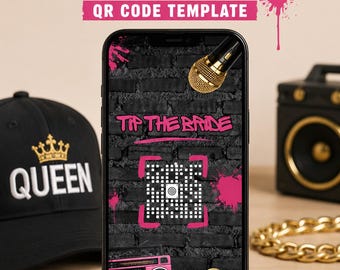 Hip Hop Tip The Bride Phone QR Code, 90s Rap Bachelorette Theme Editable PNG Template