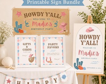Coastal Cowgirl Kid Birthday Decor Sign Bundle Supplies For Child Party Printable and Editable Canva Template