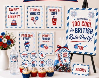 4th of July Party Decorations, Printable and Editable Canva Template Bundle