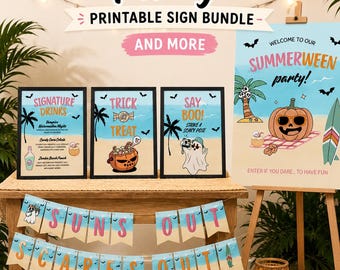 Summerween Party Decoration Sign Printables, Printable and Editable Canva Template Bundle