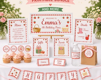 Kid Picnic Birthday Party Decorations, Picnic Party Printables, Editable Canva Template