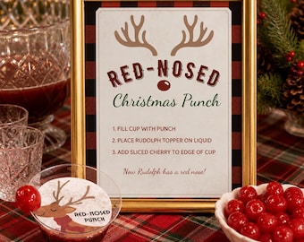 Christmas Punch Sign, Red Nosed Punch Image with Instructions, Printable and Editable Canva Template