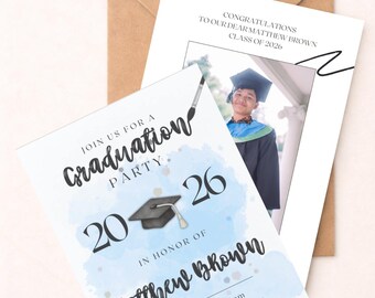 Boy Art Graduation Invitation, Blue Watercolor Art School,Printable and Editable Canva Template