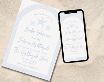 Coastal Baby Shower Invitation, Seashell Starfish Design (5x7 Printable Canva Template)