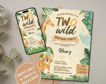 2nd Birthday Jungle Invitation, Two Wild Safari Second Celebration Digital, Printable and Editable Canva Template Bundle