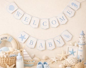 Coastal Baby Shower Garland "Welcome Baby" Sign Printable & Editable Canva Template