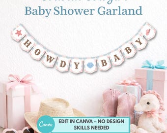 Coastal Cowgirl Baby Shower Garland "Howdy Baby" Decoration Banner Printable & Editable Canva Template