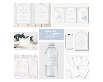 Coastal Bridal Shower Supplies with Invitations and decorations for Blue Beachy Seashell Theme Party Printable and Editable Canva Template