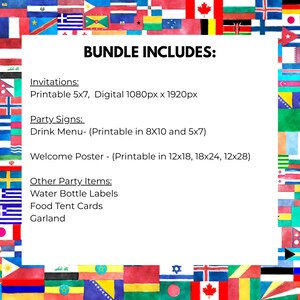 May include: A white rectangular graphic with the text "BUNDLE INCLUDES:" and a list of party items, including invitations, party signs, and a welcome poster. The background features a collage of various national flags.