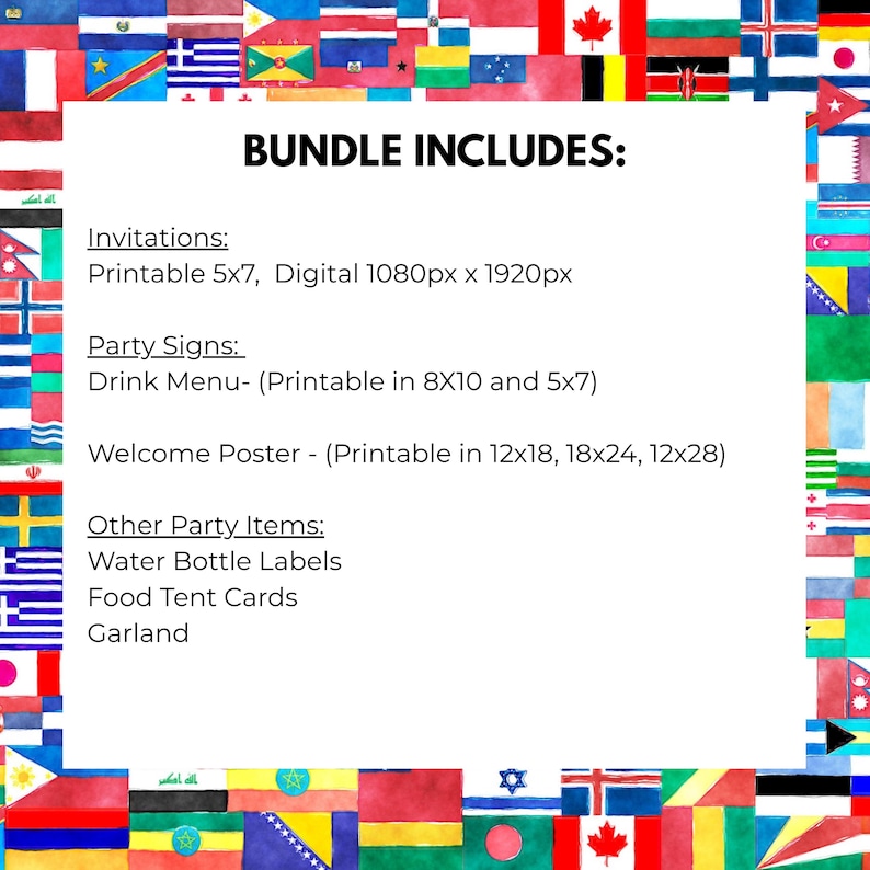 May include: A white rectangular graphic with the text "BUNDLE INCLUDES:" and a list of party items, including invitations, party signs, and a welcome poster. The background features a collage of various national flags.
