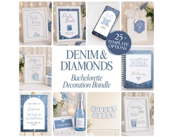 Denim and Diamonds Bachelorette Party Decor Bundle, Printable and Editable Canva Template