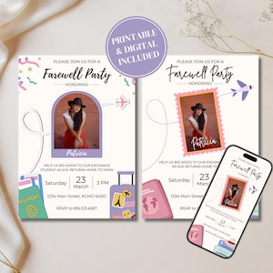 Könnte beinhalten: Abschiedsparty-Einladungen mit einem Foto einer Person mit Hut und rotem Rock. Die Einladungen enthalten Text, einen Reisepass, einen Koffer und eine Flugzeuggrafik. Die Einladungen sind für eine Abschiedsparty.