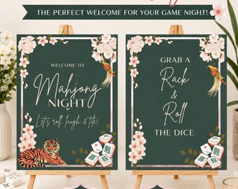 Mahjong Party Welcome Sign, Mahjonng Party Sign Editable Canva Template
