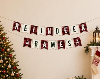 Christmas Games Party Garland, Reindeer Games Themed Decorations Printable and Editable Canva Template