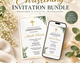 Christening Invitation Bundle, Baby Dedication, Baptism Digital, Printable and Editable Canva Template
