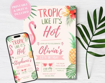 Tropical Flamingo Birthday Invitation, Tropic Like It is Hot Printable and Digital Canva Template