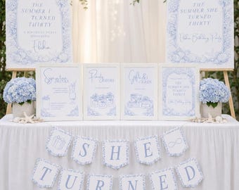 Summer I Turned Birthday Party Sign Bundle, Cousins Beach Romance Party Decorations Printable and Editable Canva Template