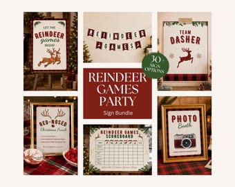 Christmas Games Party Bundle, Reindeer  Games Themed Decorations Printable and Editable Canva Template