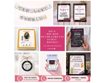 90s Hip Hop Bachelorette Party Decor Bundle, Last Remix Theme Printable and Editable Canva Template