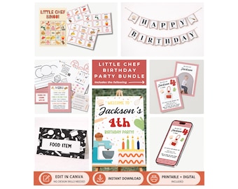 Kid Cooking Party Birthday Decoration Bundle Printables • Child Cooking Party Editable Canva Template