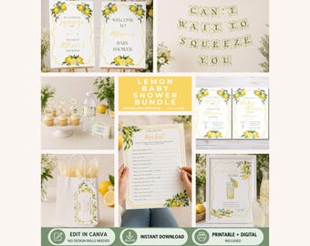 Lemon Baby Shower Supplies Bundle with Decorations and Invitations, Can't Wait To Squeeze You Printable and Editable Canva Template Bundle