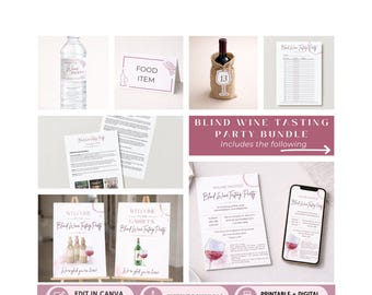 Blind Wine Tasting Party Supplies Bundle with Invitations, Score Cards, Bottle Tags, Printable and Editable Template