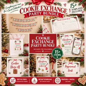 Pode incluir: Um pacote digital para festa de troca de biscoitos com mais de 15 modelos imprimíveis, incluindo banners, cartões de receitas, etiquetas de presente e placas com gráficos natalinos vermelhos e verdes. O texto inclui Cookie Exchange Party Bundle, Christmas Cookie Recipe, Cookie Drop off e Peppermint Bark.