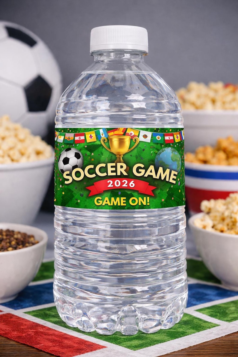 May include: Clear plastic water bottle with a white cap. The label features a soccer ball, a gold trophy, and the words "Soccer Game 2026" with "Game On!" in red. The background includes green grass and international flags.