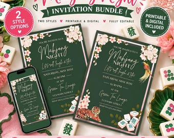 May include: A Mahjong Night invitation bundle featuring two dark green templates with pink cherry blossoms, a tiger, and a bird. The text reads Mahjong Night, Let's roll, laugh & tile, Saturday, May 8th, 6:30 PM, Green Tea Lounge, 123 Main Street, RSVP to 123-456-7890.