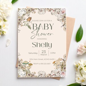 May include: A baby shower invitation with floral and botanical illustrations. The invitation features the text "PLEASE JOIN US FOR A BABY Shower HONORING Shelly" with event details. The design includes a butterfly and a rabbit.