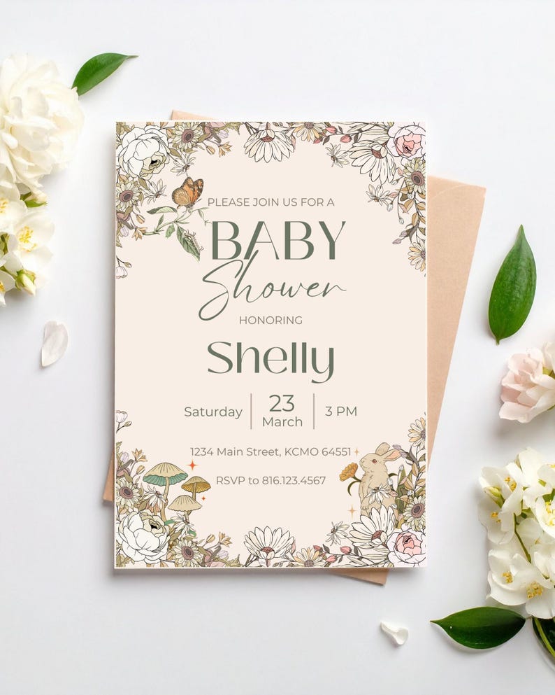 May include: A baby shower invitation with floral and botanical illustrations. The invitation features the text "PLEASE JOIN US FOR A BABY Shower HONORING Shelly" with event details. The design includes a butterfly and a rabbit.