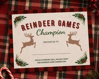 Christmas Games Party Award Certificates and Ribbon, Reindeer Games Themed Printable and Editable Canva Template