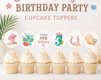 Coastal Cowgirl Kid Birthday Cupcake Topper Printable and Editable Canva Template for Kid Party