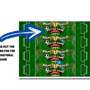 May include: A soccer-themed design with a green field background. The design includes soccer balls, a golden trophy, and the text "SOCCER GAME 2026 GAME ON!". The design also features flags and confetti.