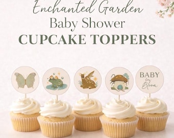 Magical Enchanted Garden Baby Shower Cupcake Toppers, Printable and Editable Canva Template