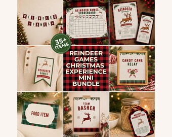 Christmas Games Party Mini Bundle, Reindeer  Games Themed Experience Decorations and Invitations Printable and Editable Canva Template