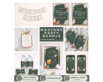 Mahjong Printables, Mahjongg Birthday Party Supplies Decorations and Invitations, Editable Canva Template