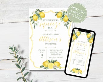 Lemon Baby Shower Invitation Bundle, Can't Wait To Squeeze You Printable Invites